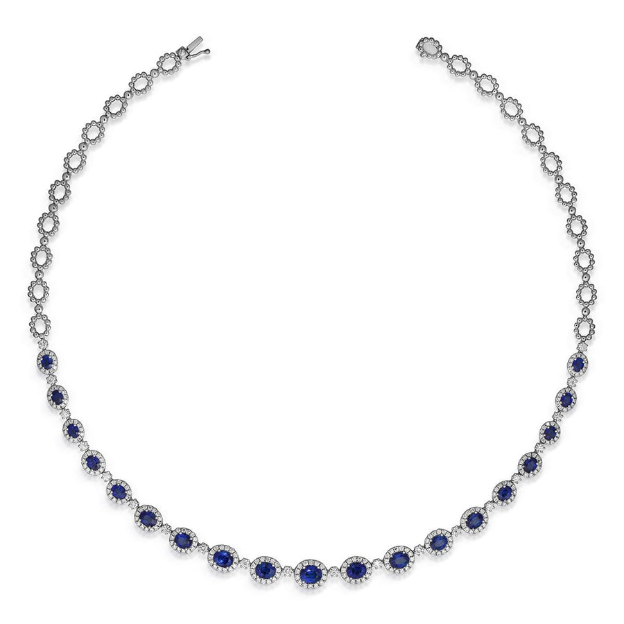 Oval Brilliant Cut Sapphire Diamond Halo Halfway Necklace - SNRTJ00073