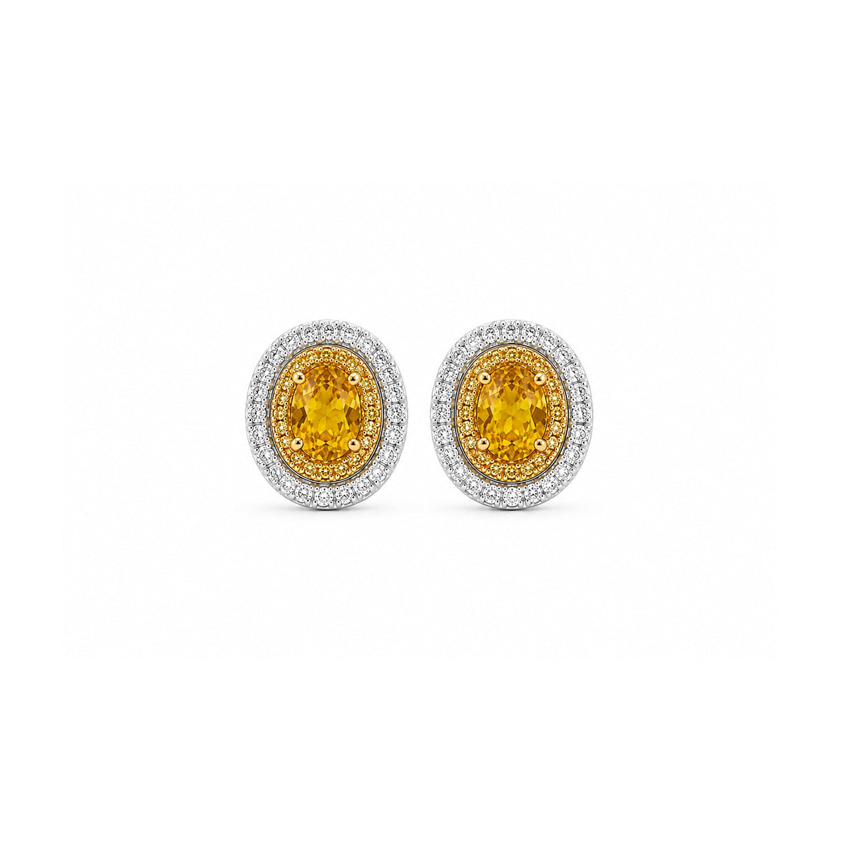 Oval Brilliant Cut Yellow Sapphire Double Diamond Halo Stud Earrings