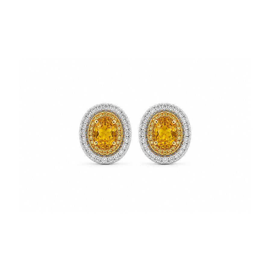 Oval Brilliant Cut Yellow Sapphire Double Diamond Halo Stud Earrings