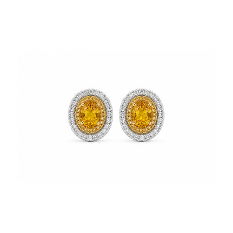 Oval Brilliant Cut Yellow Sapphire Double Diamond Halo Stud Earrings-Oval Brilliant Cut Yellow Sapphire Double Diamond Halo Stud Earrings