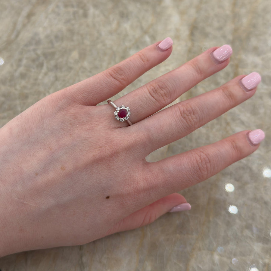Oval Brilliant Ruby Diamond Halo Ring - RRNEL00430