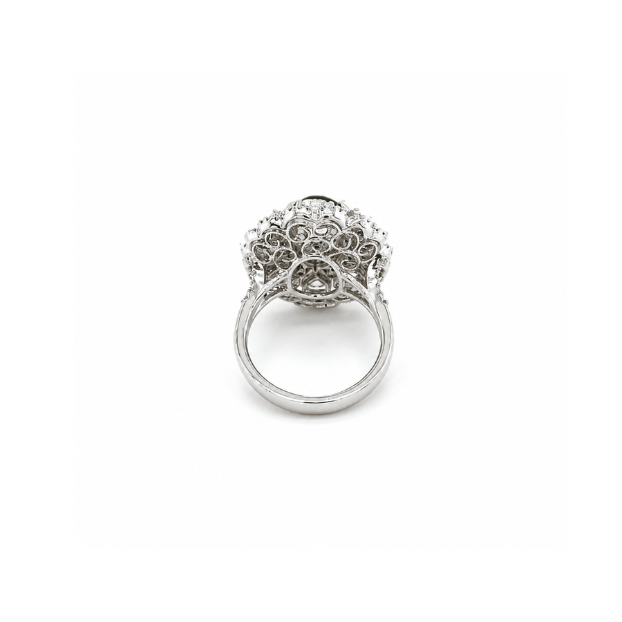 Oval Cabouchon Jade Heart Brilliant Cut Diamond Halo Ring