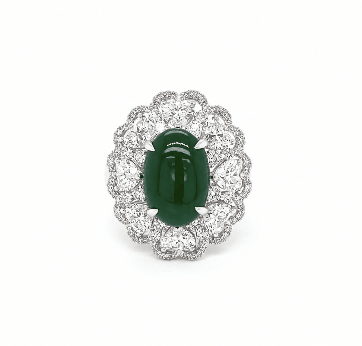 Oval Cabouchon Jade Heart Brilliant Cut Diamond Halo Ring