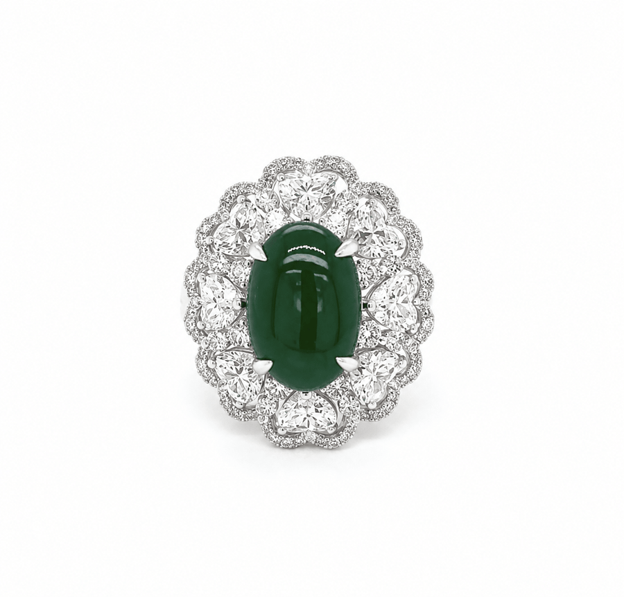 Oval Cabouchon Jade Heart Brilliant Cut Diamond Halo Ring