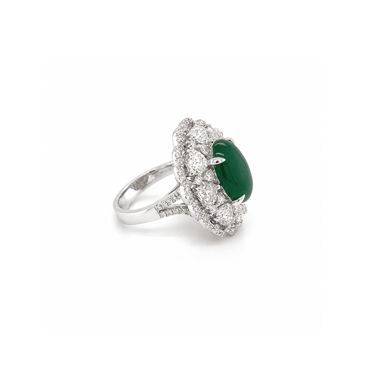 Oval Cabouchon Jade Heart Brilliant Cut Diamond Halo Ring