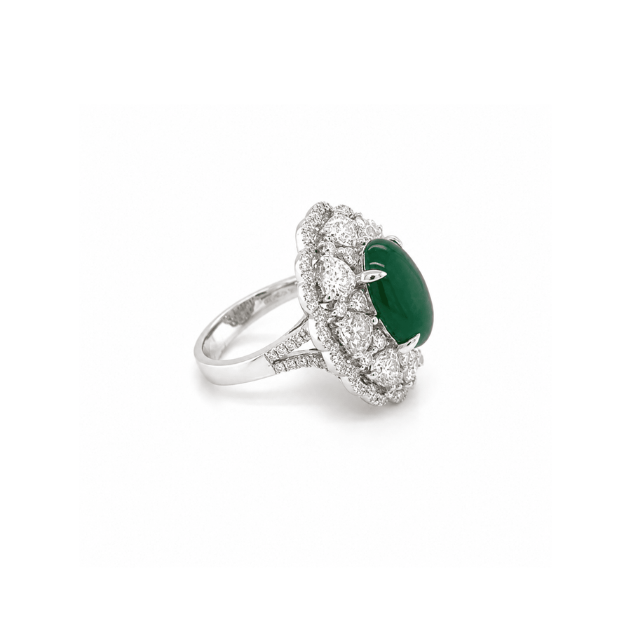 Oval Cabouchon Jade Heart Brilliant Cut Diamond Halo Ring