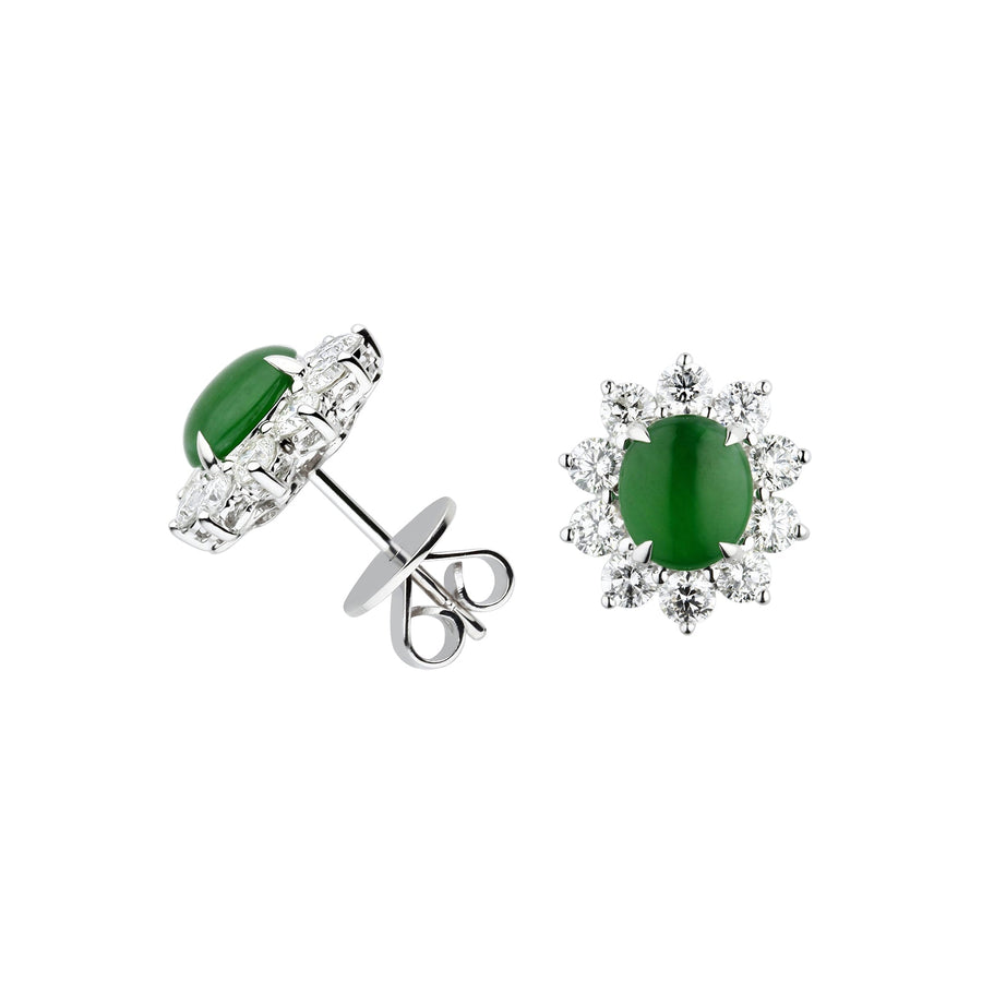 Oval Cabouchon Jadeite Diamond Halo Stud Earrings - OENEL00414