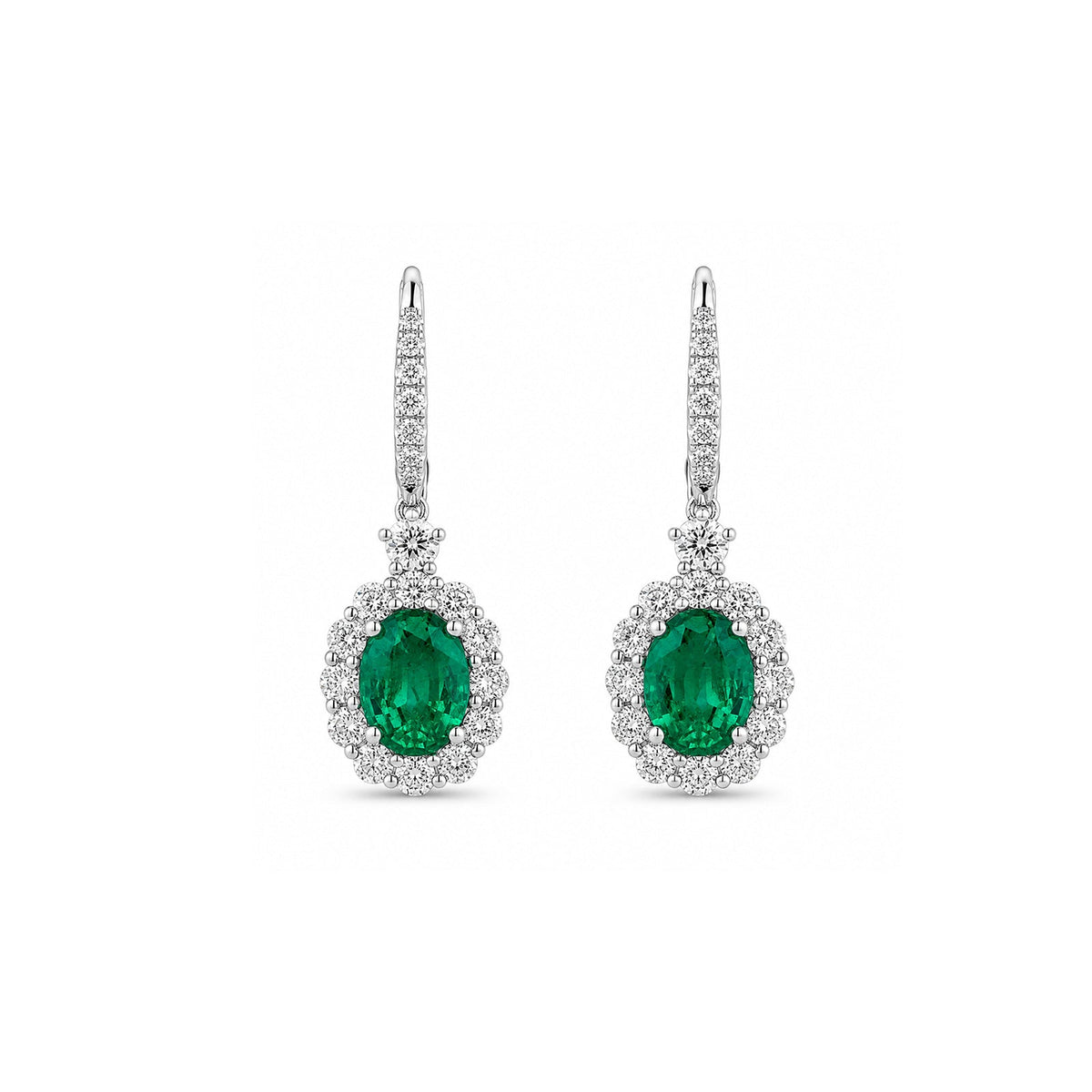 Oval Emerald & Diamond Halo Drop Earrings
