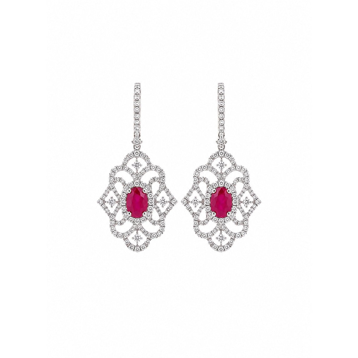Oval Ruby and Filigree Diamond Openwork Drop Earrings - RETIJ00073