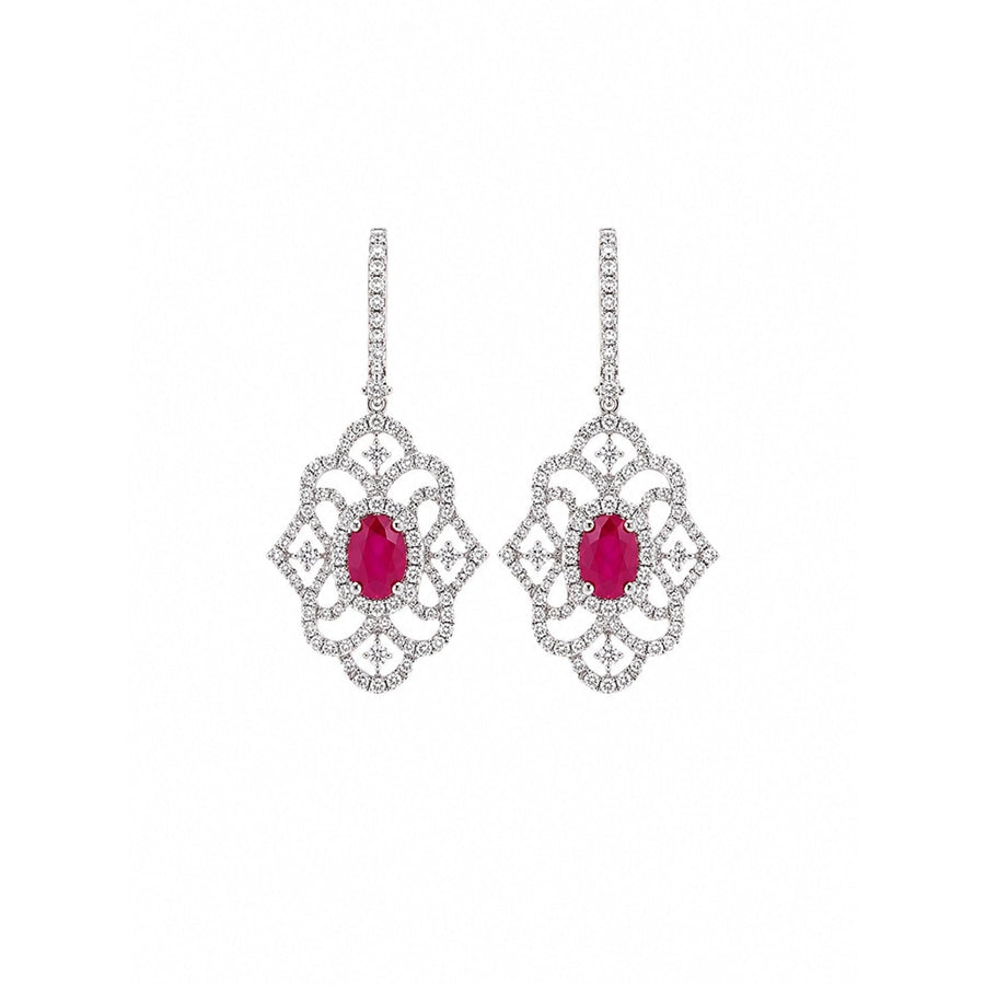 Oval Ruby and Filigree Diamond Openwork Drop Earrings - RETIJ00073
