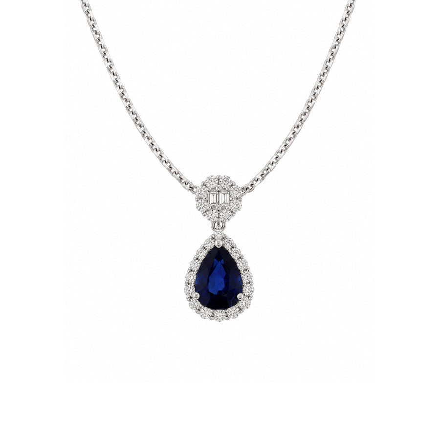 Pear Cut Sapphire Diamond Halo Drop Necklace
