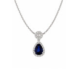 Pear Cut Sapphire Diamond Halo Drop Necklace-Pear Cut Sapphire Diamond Halo Drop Necklace