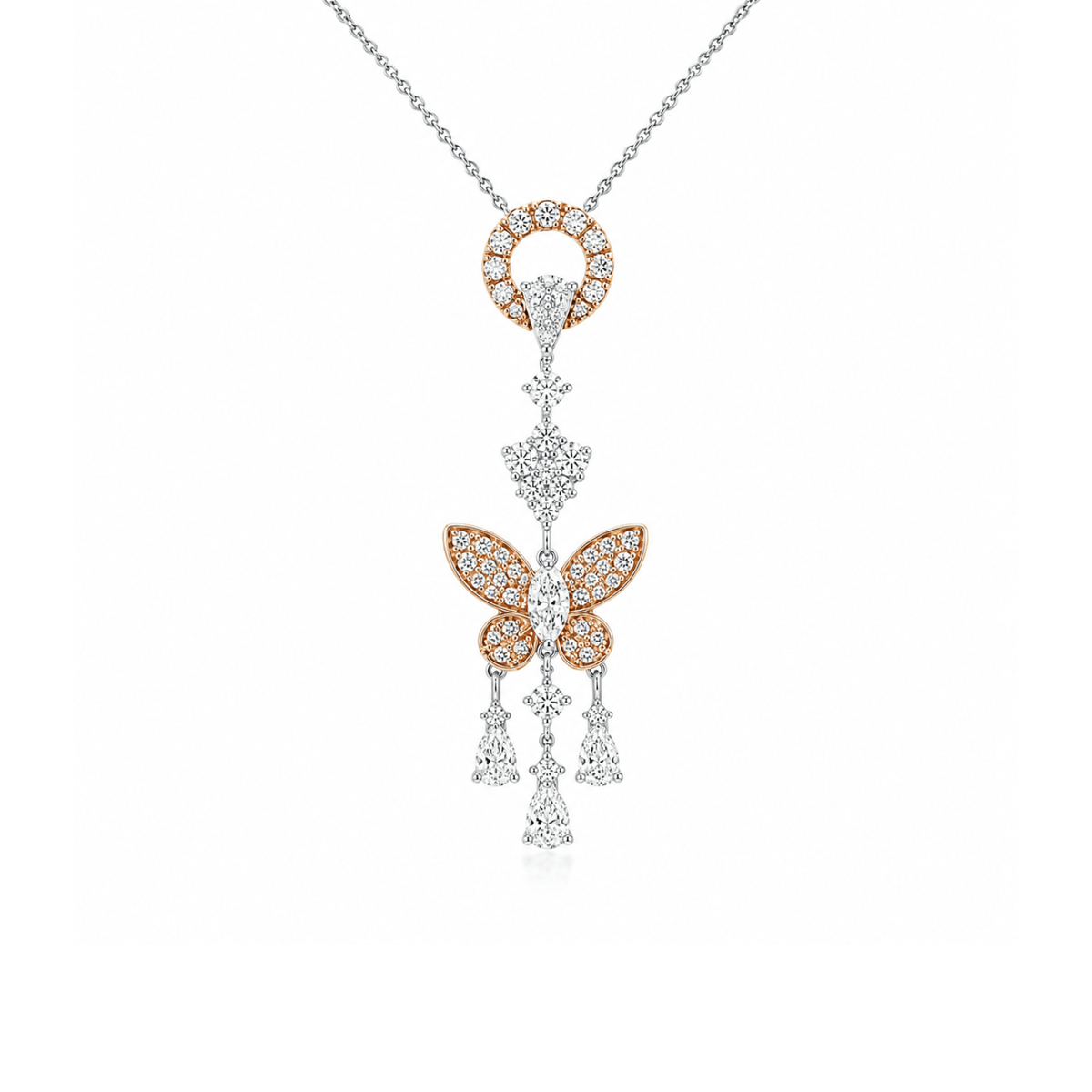 Pink and White Diamond Butterfly Necklace
