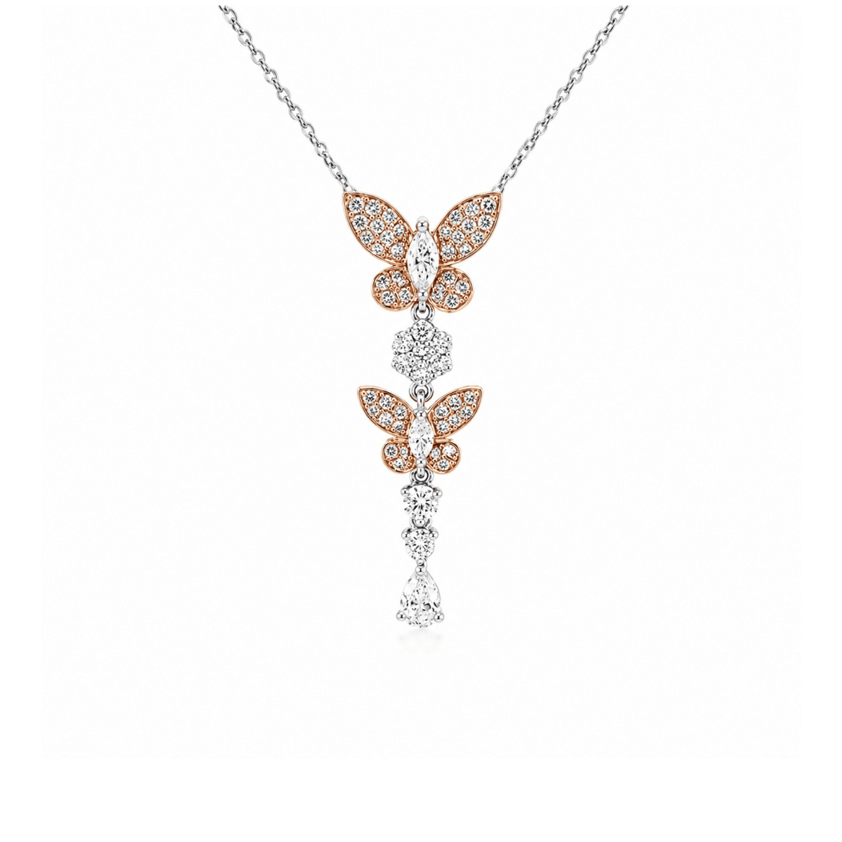 Pink and White Diamond Butterfly Necklace