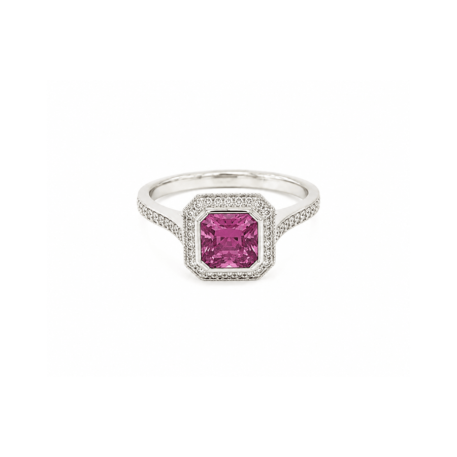 Pink Sapphire Diamond Halo Ring