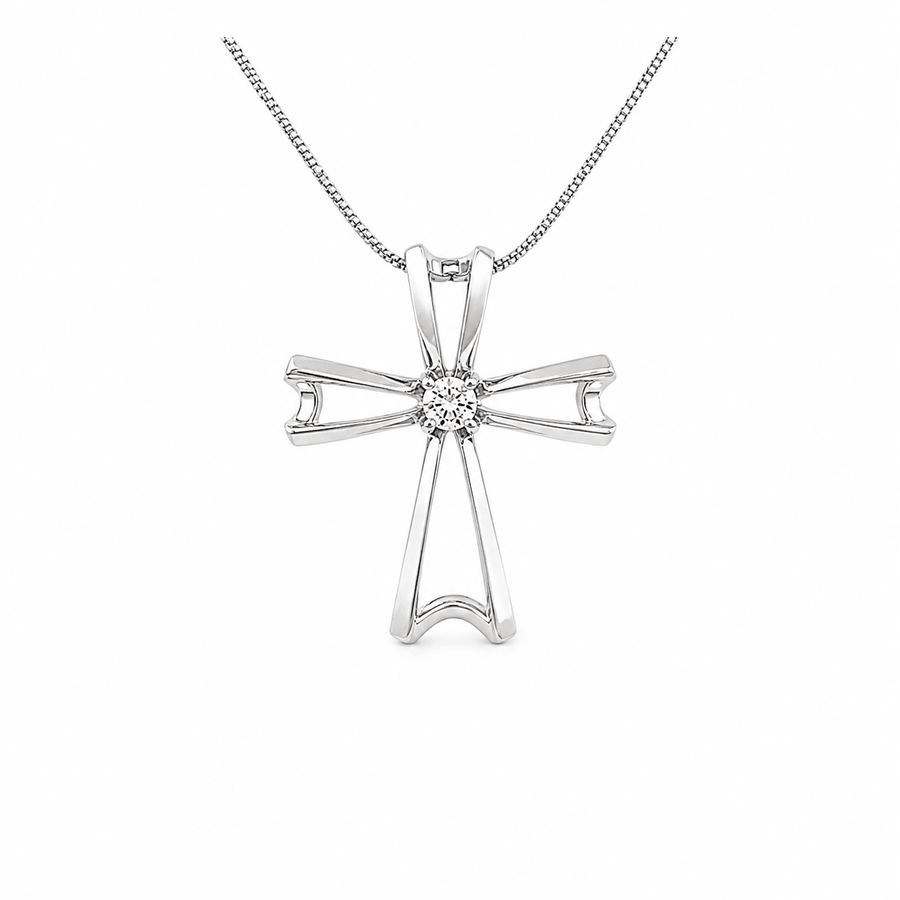 Platinum Openwork Cross Solitaire Diamond Pendant Necklace