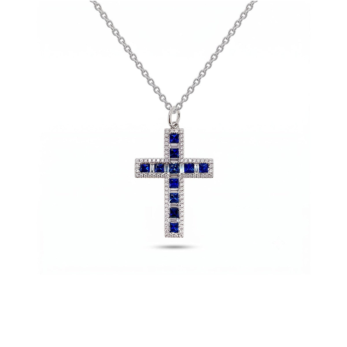 Princess Cut Sapphire and Diamond Halo Cross Pendant Necklace