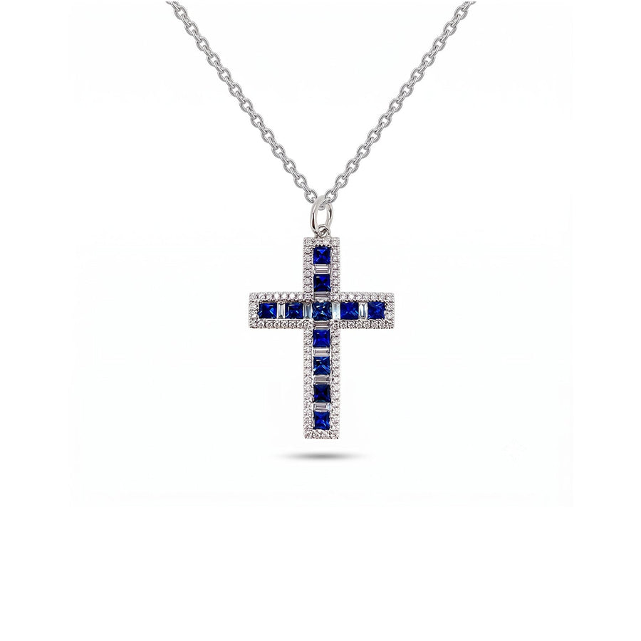 Princess Cut Sapphire and Diamond Halo Cross Pendant Necklace