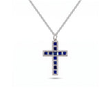 Princess Cut Sapphire and Diamond Halo Cross Pendant Necklace-Princess Cut Sapphire and Diamond Halo Cross Pendant Necklace