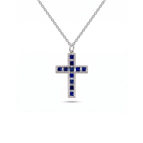 Princess Cut Sapphire and Diamond Halo Cross Pendant Necklace-Princess Cut Sapphire and Diamond Halo Cross Pendant Necklace