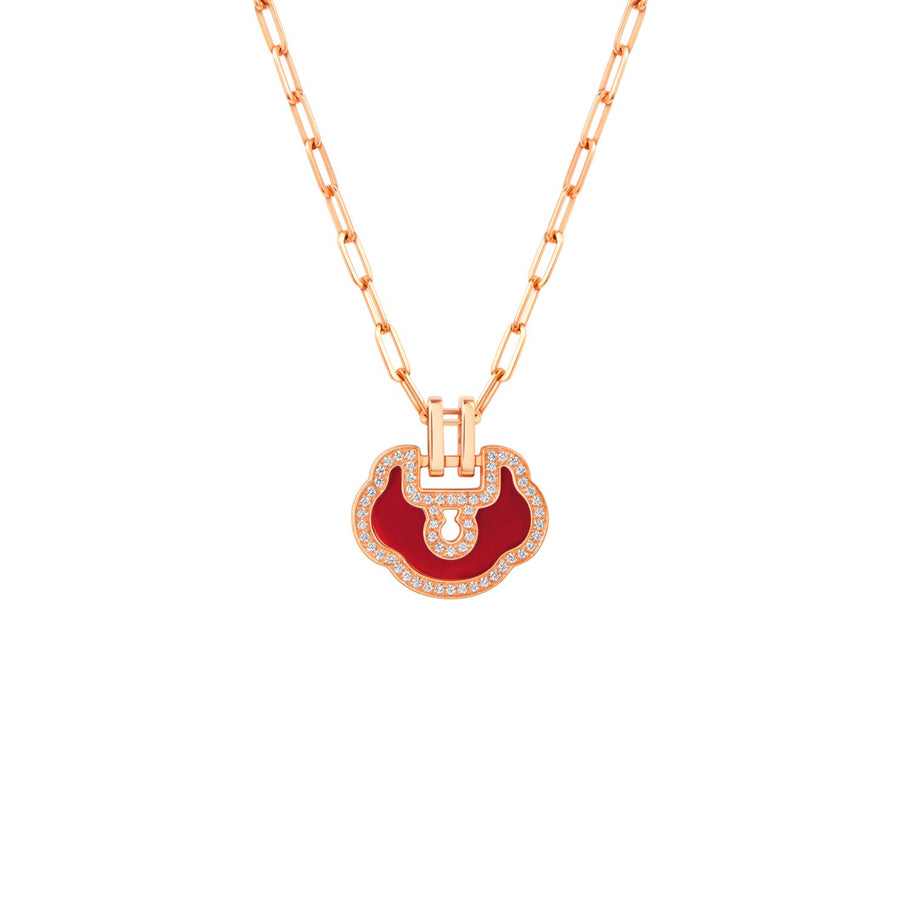 Qeelin Small Yu Yi Necklace - YLN30ABRGRA - Qeelin Small Yu Yi Necklace in 18 karat rose gold with red agate and diamonds totaling 0.15 carats.