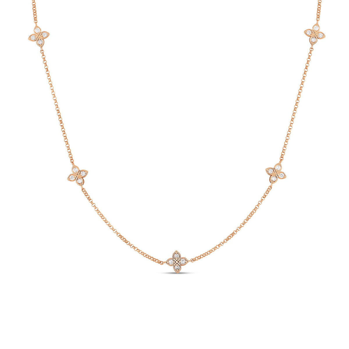 Roberto Coin Love by the Inch 5 Station Flower Necklace - 7773286AX17X - Roberto Coin Love by the Inch 5 Station Flower Necklace in 18 karat rose gold with diamonds.