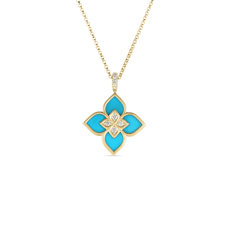 Roberto Coin Venetian Princess Diamond and Turquoise Small Flower Necklace-Roberto Coin Venetian Princess Diamond and Turquoise Small Flower Necklace 7773195AY17XT