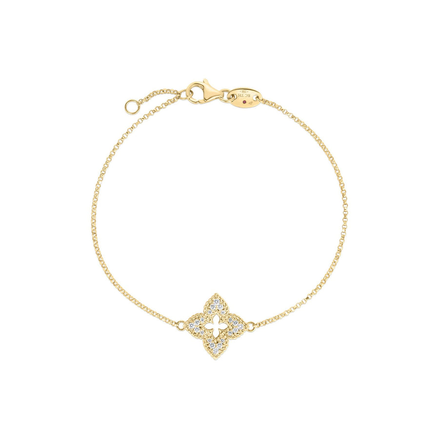Roberto Coin Venetian Princess Small Diamond Pave Flower Bracelet in 18 karat yellow gold. 8883383AYLBX