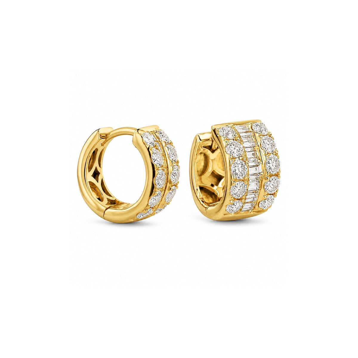 Round & Baguette Diamond Wide Huggie Earrings