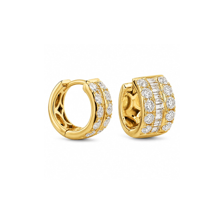 Round & Baguette Diamond Wide Huggie Earrings
