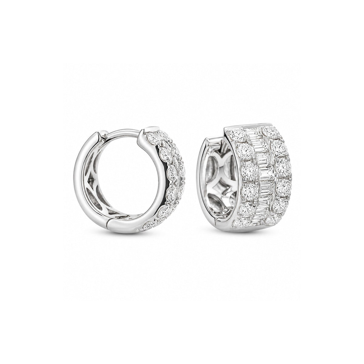 Round & Baguette Diamond Wide Huggie Earrings