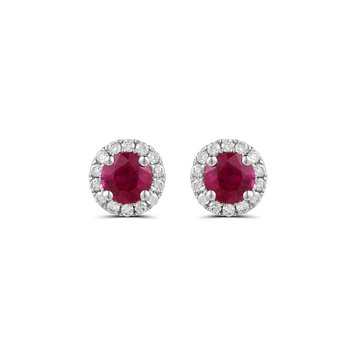 Round Brilliant Cut Ruby Diamond Halo Stud Earrings - RERTJ00109