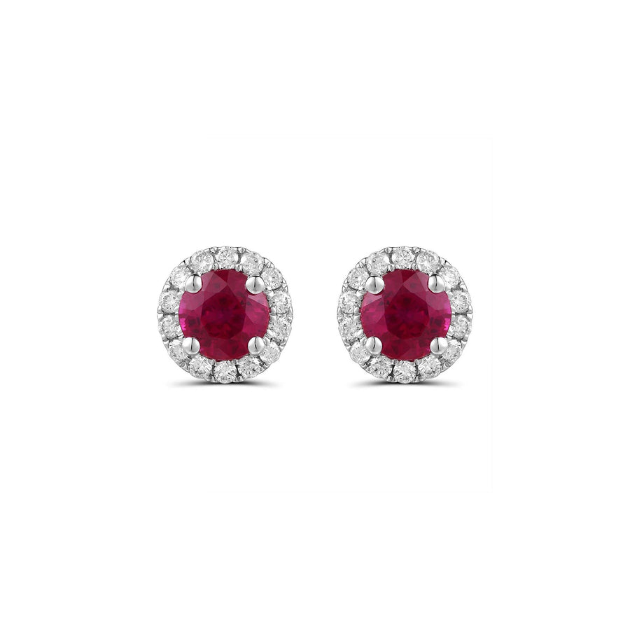 Round Brilliant Cut Ruby Diamond Halo Stud Earrings - RERTJ00109