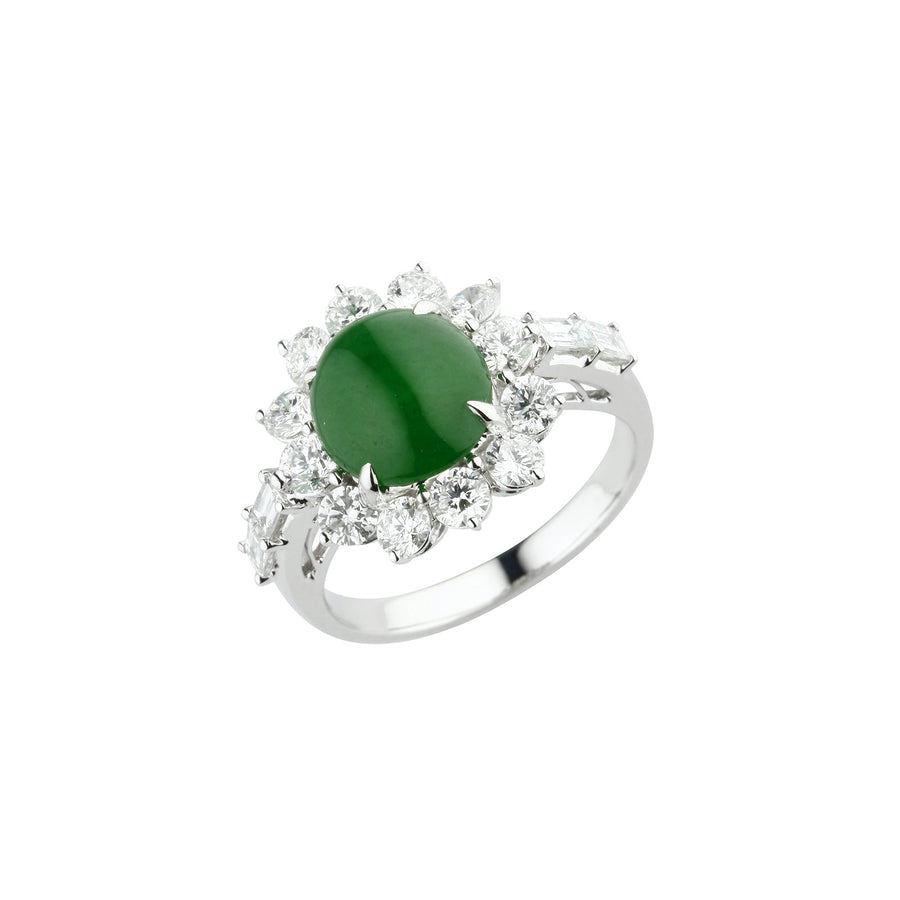 Round Cabouchon Jade Diamond Halo Ring - ORNEL00893