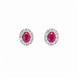 Ruby Diamond Earrings-18K white gold stud earrings featuring a center oval-cut ruby, surrounded by a round diamond halo
