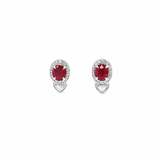 Ruby Diamond Earrings-18K white-gold drop earrings featuring oval ruby-red center stones framed by clear-stone halos,