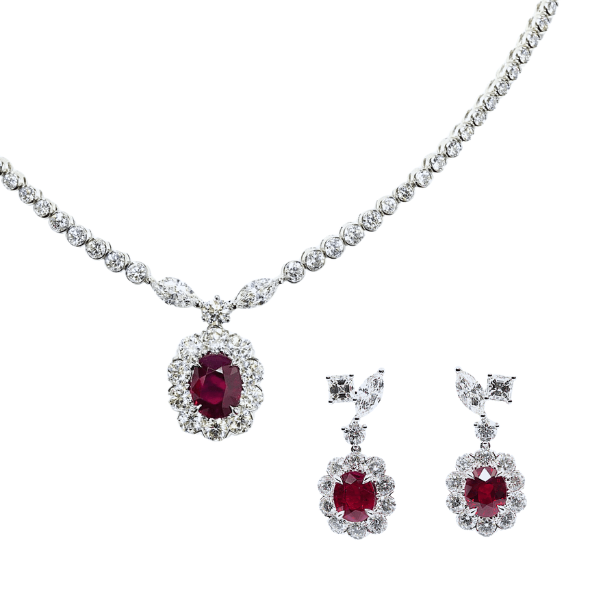 Ruby Diamond Necklace and Earrings Set - RNUJD00240
