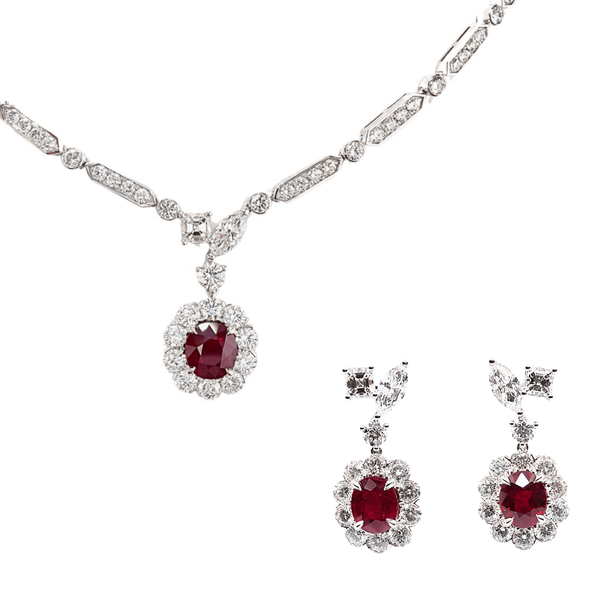 Ruby Diamond Necklace and Earrings Set - RNUJD00257