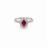 Ruby Diamond Ring-18K white gold ring featuring a center oval-cut ruby