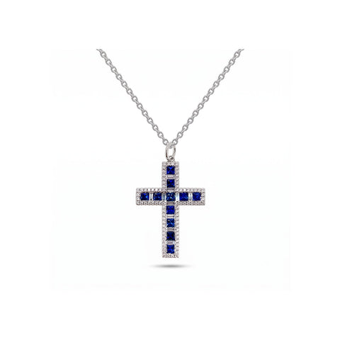Sapphire Diamond Cross Pendant and Chain-Sapphire Diamond Cross Pendant and Chain