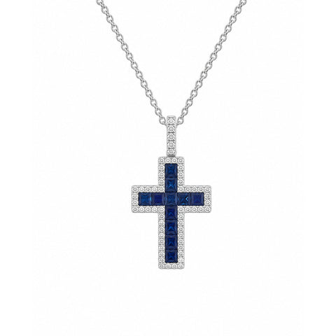 Sapphire Diamond Cross Pendant and Chain-Sapphire Diamond Cross Pendant and Chain