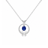 Sapphire Diamond Pendant and Chain-18K white gold pendant necklace featuring a center oval-cut sapphire within an open diamond-set circle, accented with a small diamond flower cluster at the base, suspended from a diamond-station chain.