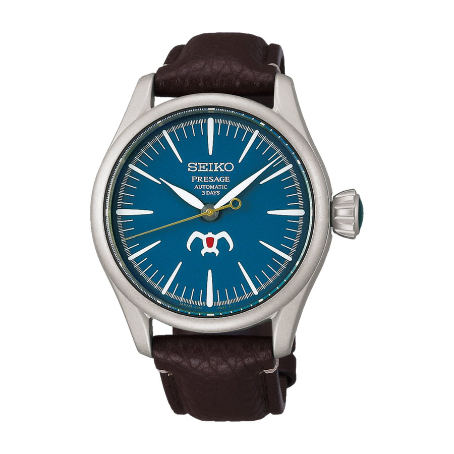 Seiko Presage Studio Ghibli Nausicaä of the Valley of the Wind Collaboration Limited Edition SPB437 in a 40mm stainless steel case with blue dial on calfskin strap, featuring an automatic movement with up to 72 hours of power reserve.