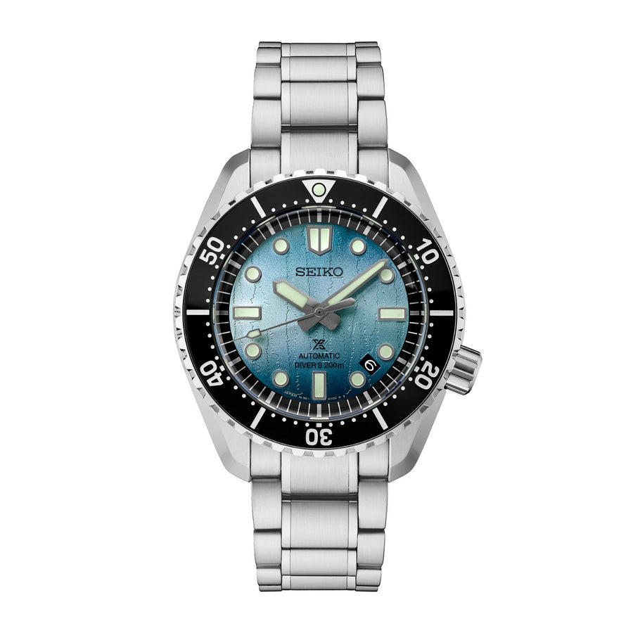 Seiko Prospex 1968 Heritage Diver's Watch SLA073 in a 42.6mm stainless steel case with light blue dial on stainless steel bracelet, featuring a date display and automatic movement with up to 50 hours of power reserve.