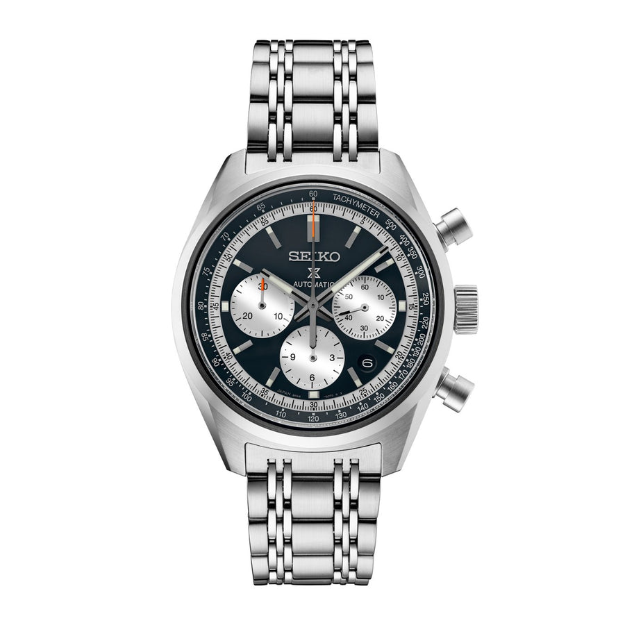 Seiko Prospex Seiko Brand 100th Anniversary Speedtimer Mechanical Chronograph Limited Edition SRQ049 in a 42mm stainless steel case with charcoal black dial on stainless steel bracelet, featuring a chronograph function, date display and automatic movement with up to 45 hours of power reserve.