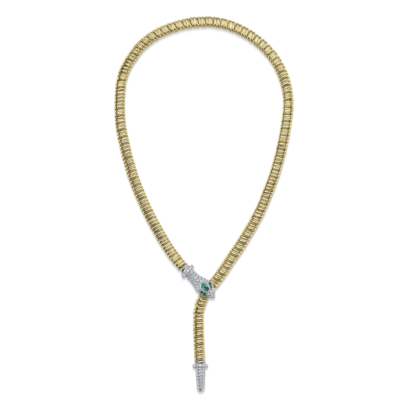 Shy Creation Diamond 0.93 CT & Emerald 0.17 CT Ribbed Snake Necklace-Shy Creation Diamond 0.93 CT & Emerald 0.17 CT Ribbed Snake Necklace - SC55028846Z19