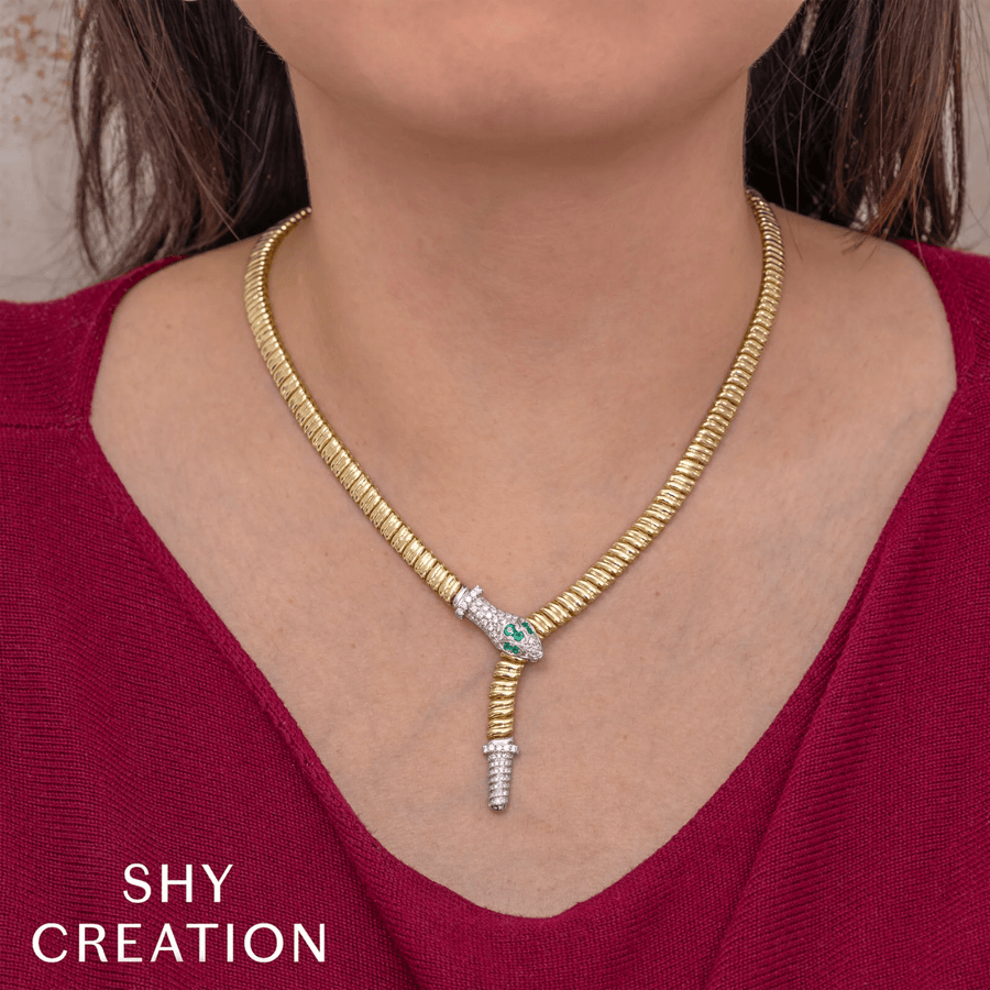 Shy Creation Diamond 0.93 CT & Emerald 0.17 CT Ribbed Snake Necklace - SC55028846Z19