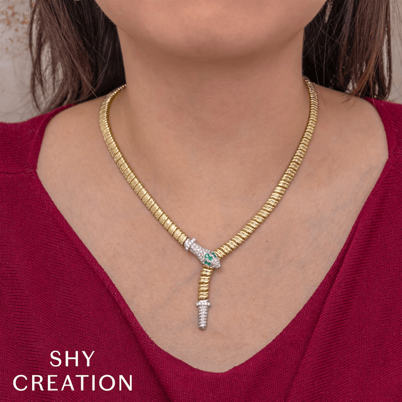 Shy Creation Diamond 0.93 CT & Emerald 0.17 CT Ribbed Snake Necklace-Shy Creation Diamond 0.93 CT & Emerald 0.17 CT Ribbed Snake Necklace - SC55028846Z19