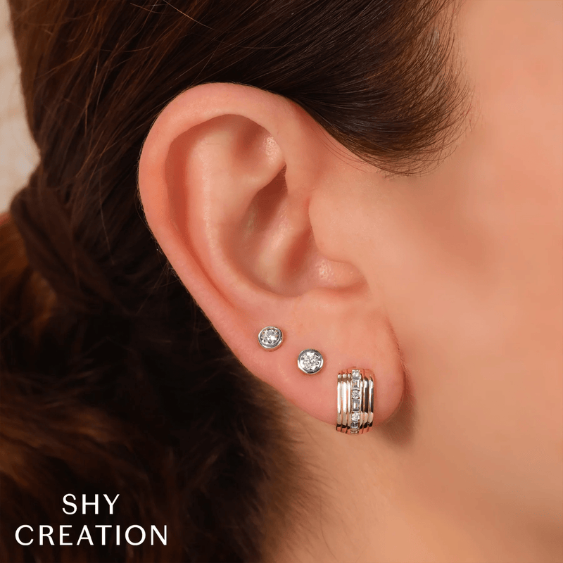 Shy Creation Diamond Baguette Ribbed Huggie Earrings 0.34 CT-Shy Creation Diamond Baguette Ribbed Huggie Earrings 0.34 CT - SC55027662