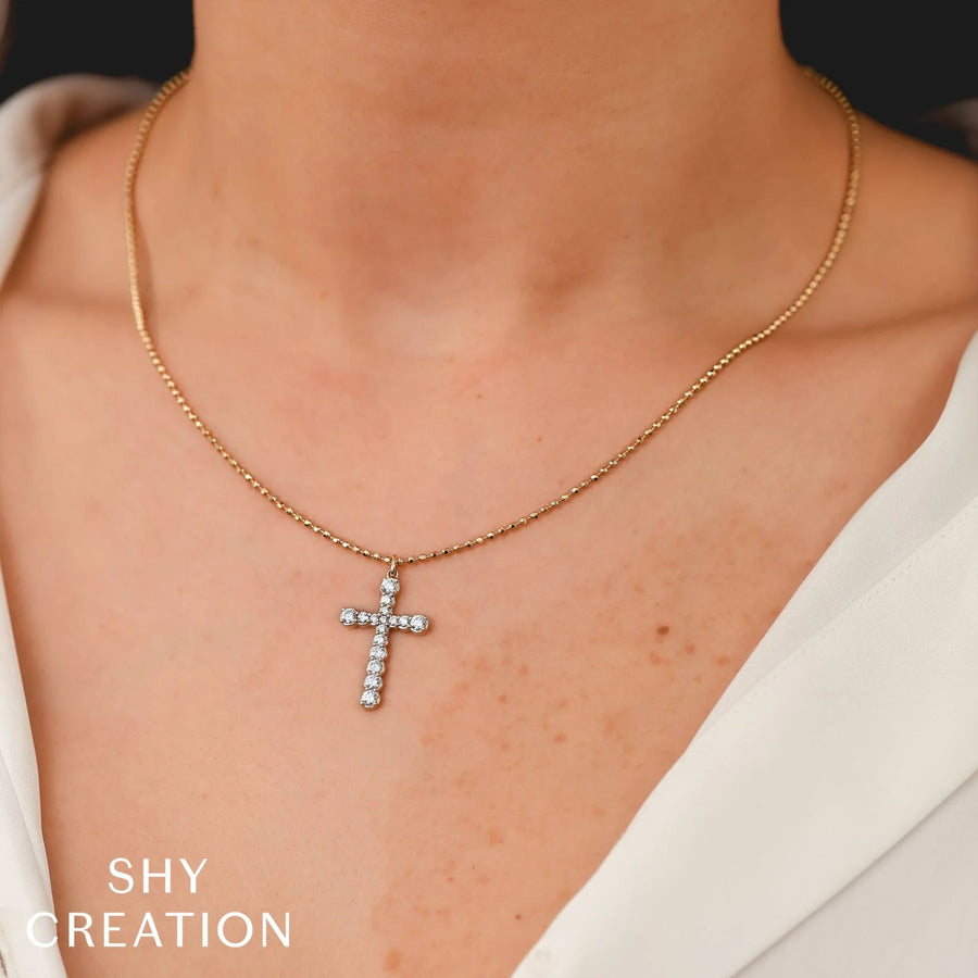 Shy Creation Diamond Cross Faceted Ball Chain Necklace 0.74 CT - SC55027259